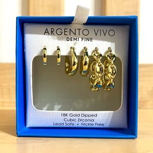 NWT ARGENTO VIVO Set of 3 - 18k Gold Dipped Cubic Zirconia Hoop Earrings